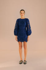 Navy Blue Flowery Richelieu Mini Dress