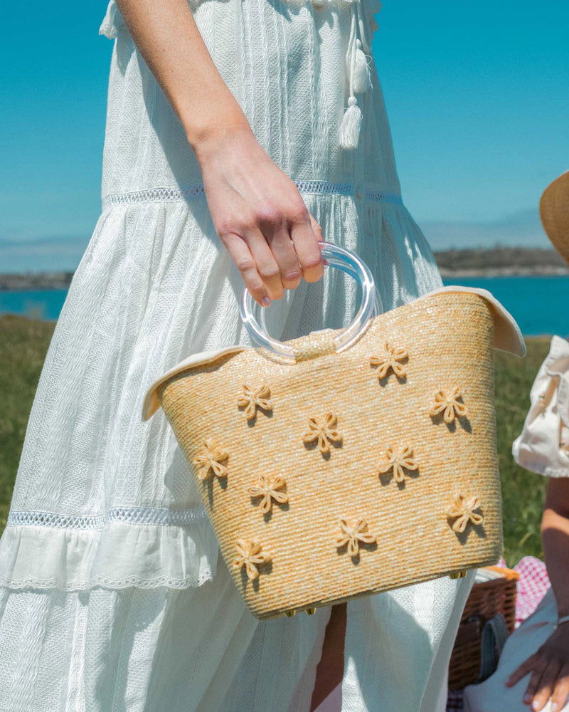 Floral Handbag with Acrylic Handle - Leghorn Straw